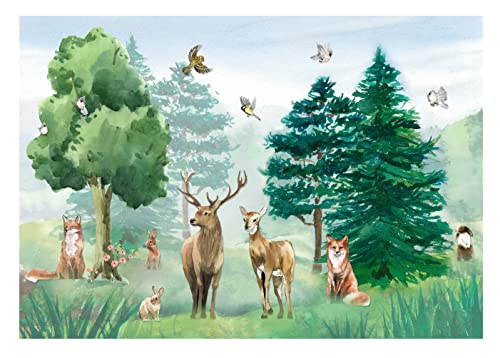 WallArena - Vlies Fototapete Kinderzimmer Tiere im Wald 312x219 cm - Fototapeten - Fototapeten Tapeten für Kinder Kindertapete - Vliestapete Wandtapete Tapete 3D Effekt - Aquarell