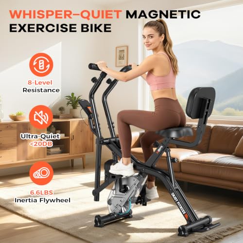 Image of pooboo Folding Magnetic X‑Bike, Upright Exercise Bike for Home Gym | Foldable Indoor Stationary Cycling Bike, 8‑Level Resistance, 6.6 LBS Flywheel, 300 LB Capacity, Back Support Cushion