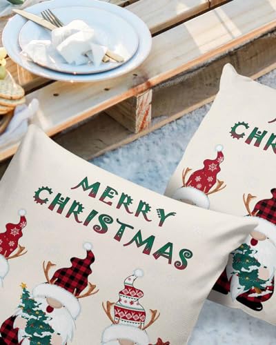 LBDecor Outdoor Throw Pillow Covers 18x18 Waterproof Cute Christmas Gnomes Plaid Outdoor Pillows Decorative Cushion Covers Pillowcase for Tent Patio Garden Couch Set of 2,Winter Snowflake Reindeer