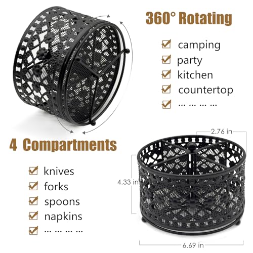 DysanVica 360° Rotating Metal Utensil Caddy - 4 Compartment Vintage Silverware Cutlery Holder Fork Spoon Napkin Organizer Flatware Storage Basket Party Countertop Buffet Picnic Camping Outdoor Black - Image 2