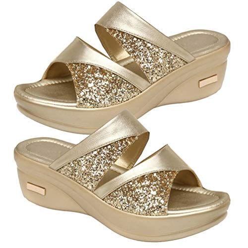 1 Pair Fish Mouth Sandals Single Band Slide Wedge Sexy Sequins Wedges Summer Backless Platform