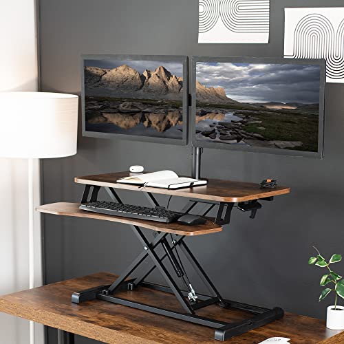 Image of VIVO Height Adjustable 32 inch Standing Desk Converter with Dual 13 to 30 inch Monitor Stand, Sit Stand Monitor Mount and Desk Riser, Vintage Brown Top, Black Frame, DESK-V000KN-M2