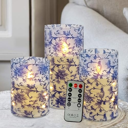 Image of Floral Flickering Flameless Candles, Recessed String Light LED Candles 3D Wick Acrylic Battery Operated LED Pillar Candles with Remote and Timer for Home Decor Set of 3(Blue & White)