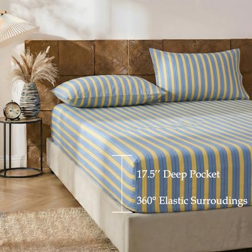 Image of Merryword Blue & Yellow Striped Sheet Set Queen Size, 100% Cotton Fitted Sheet Set with Deep Pockets, Crisp Cool Feeling, Ribbon Stripes Design, 4-Piece All Season Bedding