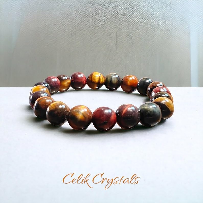 LKBEADS Naturalne tygrysie oko 8 mm | Okrągły kamień o gładkiej talii | Wielokolorowy kamień | Elastyczna bransoletka | Bransoletka uzdrawiająca | Ręcznie robiona biżuteria | LK_WOSB_00270
