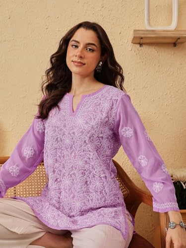 Image of Ada Women's Georgette Regular Fit Chikankari Hand Embroidered Lucknow Short Kurti Top A911224