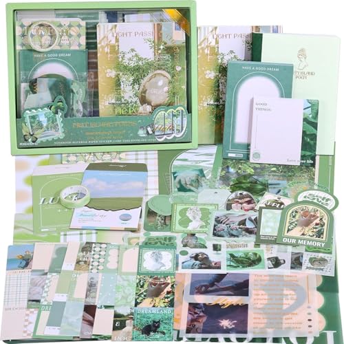 Image of YIFELY Paper Vintage Aesthetic Scrapbook Kit Scrapbooking Supplies Kit With Bullet Junk Journal,Stationery,A6 Grid Notebook With Graph Ruled Page Diy Journaling Gift For (Poetry of Misty Island,green)