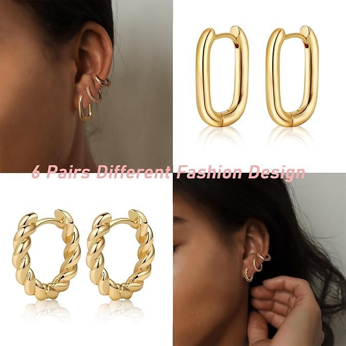 14K Gold Hoop Earrings for Women - Stylish and Versatile Chunky Hoop Earrings Set,Multipack Hypoallergenic Twisted Huggie Hoops Earring Set - Image 8