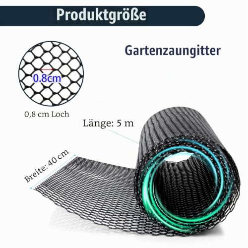 Hühnerzaun Geflügelzaun Kunststoffgitter Kunststoffzaun 8mm Loch Gartennetze Zaunnetz Katzennetz für Balkon Garten (Schwarz, 40cm×5m)