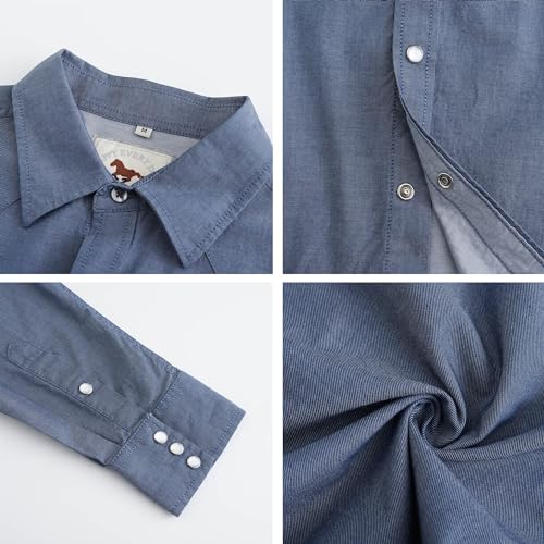 COEVALS CLUB Men's Denim Western Cowboy Pearl Snap Casual Button Down Up Long Sleeve Soild Work Shirt3