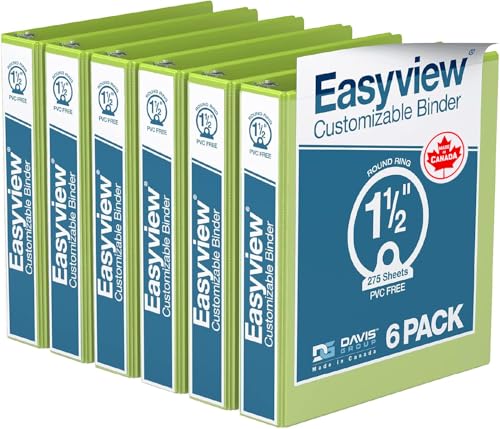 Image of Easyview 3-Ring Binder, Clear-View Cover, 1.5 inch Round Rings, Lime Green, 6Pk | Heavy-duty binder, fits 8.5 inch x 11 inch paper, customizable cover, made in Canada, ideal for school or office use
