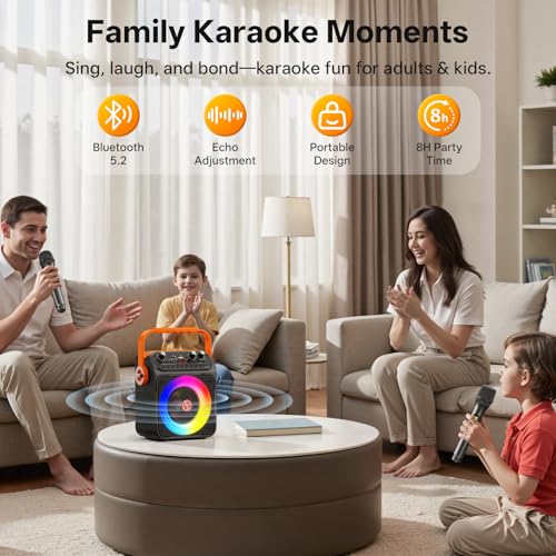 Image of Karaoke Machine, Portable Bluetooth Karaoke Speaker with 2 Wireless Microphones for Adults, PA System with Echo Adjustment, LED Lights, Supports USB /TF /REC /FM /AUX, for Home Party, Outdoor