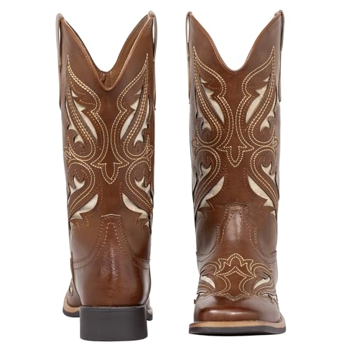 Image of SheSole Women's Square Toe Mid-Calf Western Cowgirl Boots with Cutout & Stitched Embroidery, Chunky Block Heel Fashion Cowboy Boots for Concert Daily