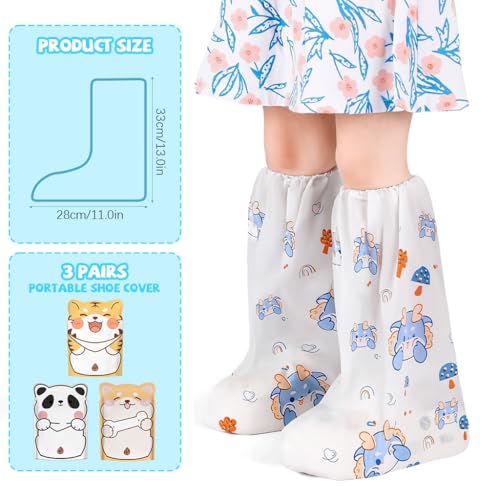 Image of PALAY Rain Shoes Cover for Boys Girls, 3 Pairs Cartoon Printed Shoe Cover | Knee-Length, Waterproof Protection for School and Outdoor, Wear-Resistant, Secure Elastic Fit, Easy Clean Care