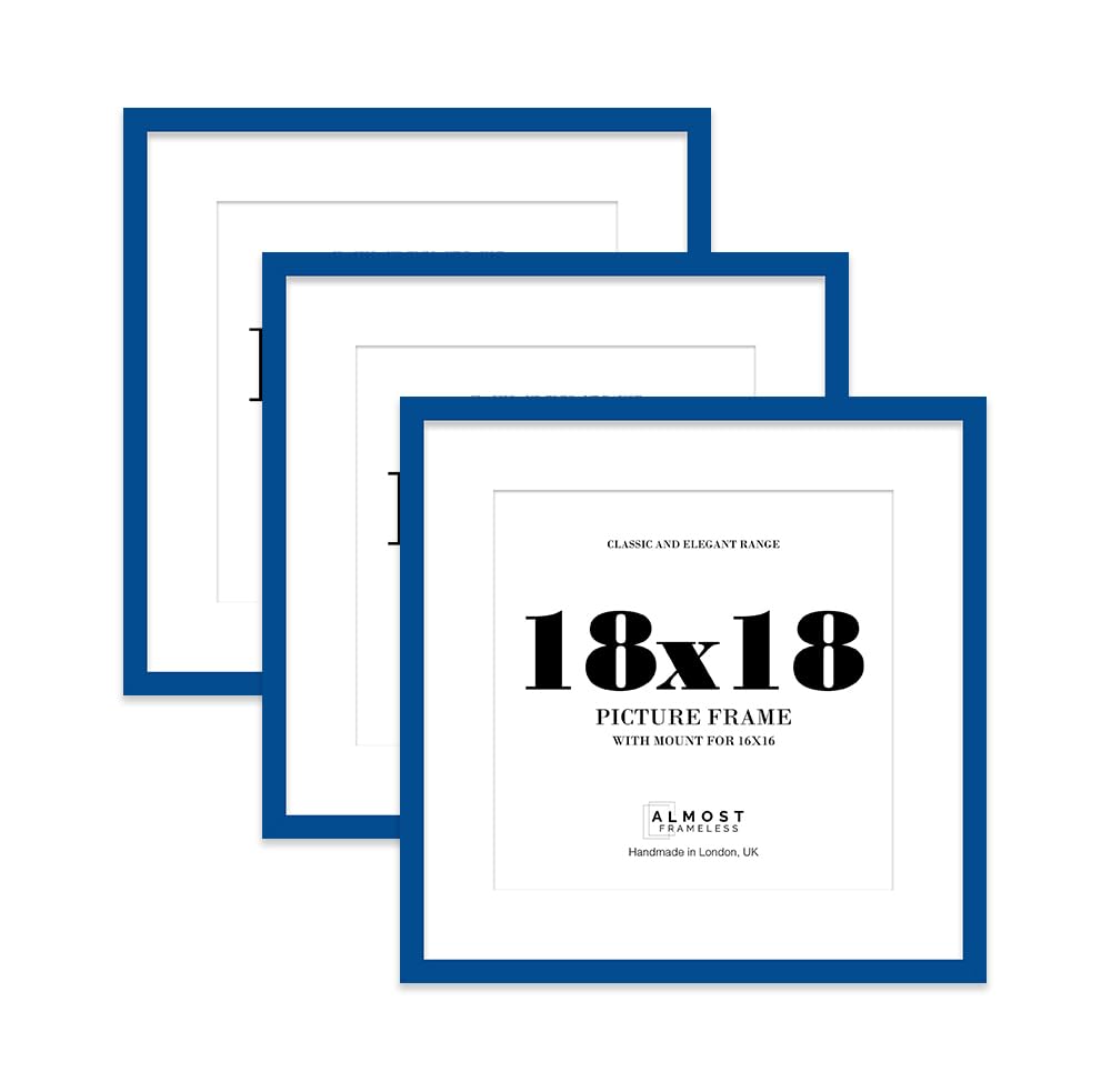 18x18 Blue Picture Frame with Mount for 16x16 Photos, Prints - Modern Square Wall Frame, Set of 3