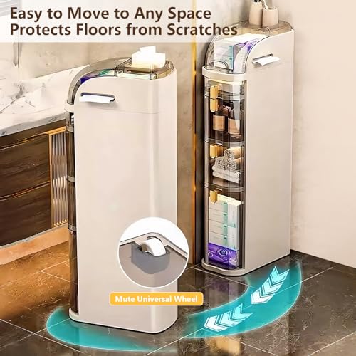 3-Tiers & 4-Tiers Narrow Bathroom Floor Storage Cabinet, Slim Bathroom Cabinet with Tissue Box and Wheels, Plastic Waterproof Movable Bathroom Storage Organizer for Small Spaces, Laundry, Toilet Gap