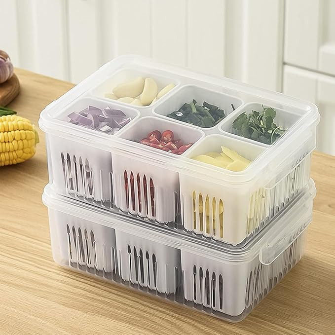 Image of KHEDU FAB 1 Pc's Refrigerator Storage Containers with 6 Drain Basket Fridge Storage Containers Organizer for Kitchen Fridge Storage Boxes Keep Fresh Chopped Green Ginger Garlic and Vegetables.