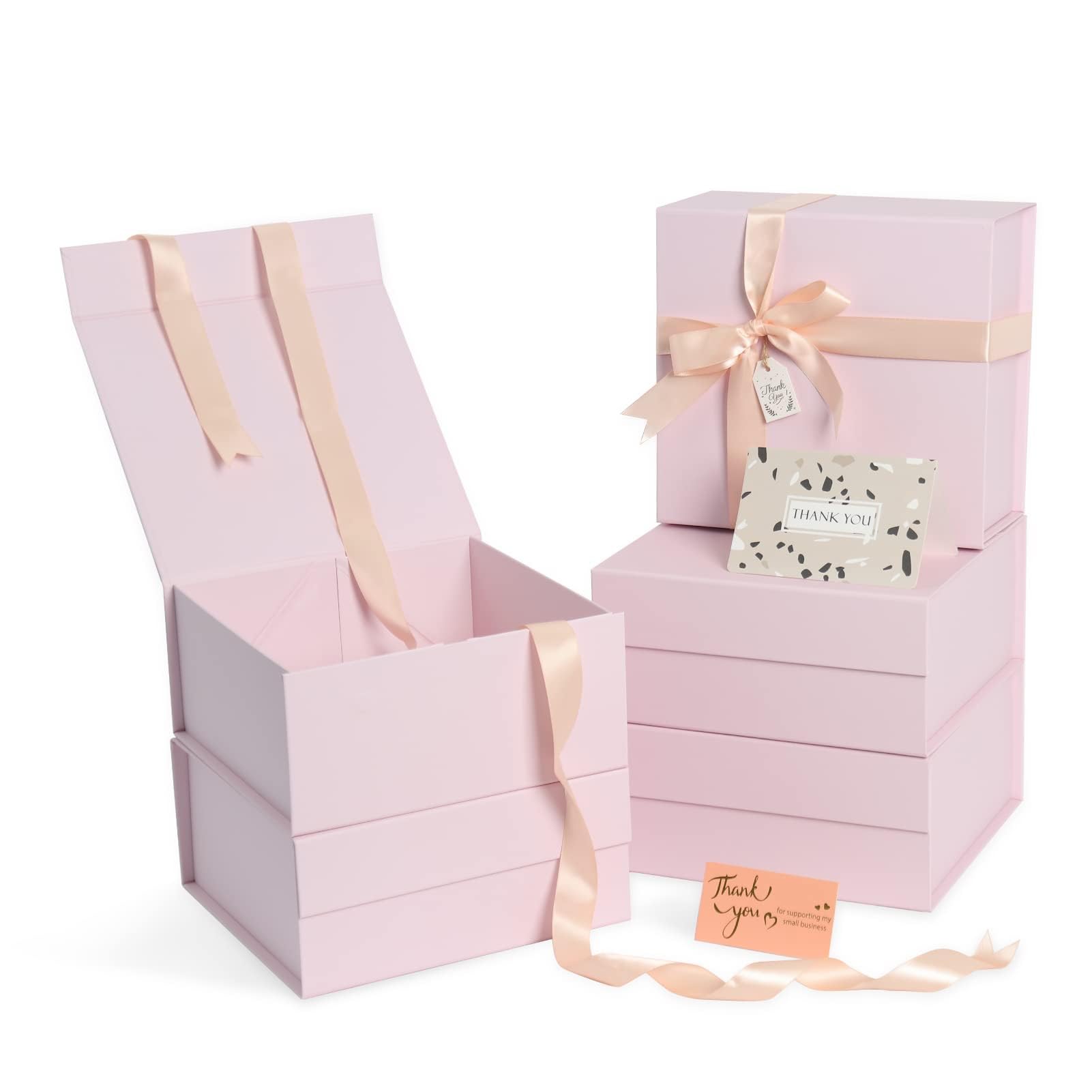 Photo 1 of Small Pink Gift Box for Present 8x8x4 Inches Gift Box with Ribbon, Greeting Cards, Magnetic Closure, for Wedding, Groomsmen Bridesmaid Proposal, Birthdays, Mother's Day Pink 8.2in-5 Pack