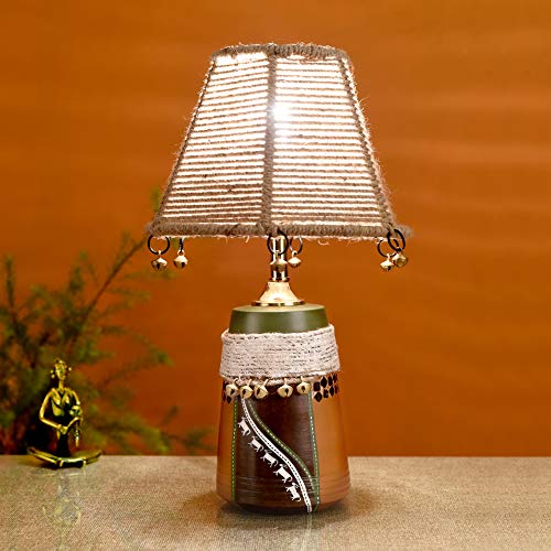 Image of AAKRITI ART CREATIONS Terracotta Table Lamp for Study Room, Bedroom & Living Room Decoration | Kalamkari Handwoven Tribal Pattern Bedside Lamp with Jute Fabric Shade | Aesthetic Night Lamp