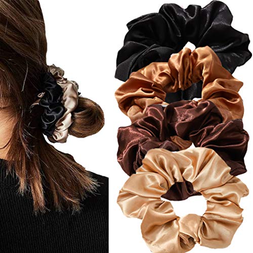 JONKY Black Silk Hair Rope Soft Elastic Hair Band for Ponytail Holder Non Slip Scrunchy for Women and Girls （Pack of 4)