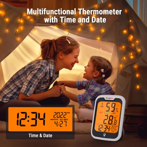 Image of ThermoPro TP358 Bluetooth Hygrometer Room Thermometer with Built-in Clock, Swiss-made Sensor Indoor Thermometer with Backlit and Notification Alert Ideal for Baby Room, Greenhouse, Office and Cellar