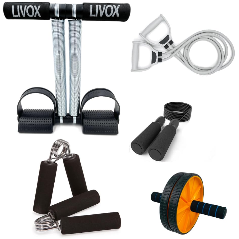 LIVOX Strength Training Exercise Equipment for Home Gym Combo Set – Included Items (Tummy Trimmer, Abs Wheel Roller, Toning Tube Band, Skipping Rope, 2 Hand Grips) Pack of 5-picture-29
