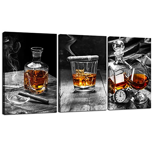 Sechars - Large 3 Piece Canvas Prints Wall Art Cigar Whisky Pictures Canvas Art Liquor Still Life Painting Giclee Print On Canvas Framed Modern Kitchen Pub Western Wall Decor - 72"X36"Overal #TOP13