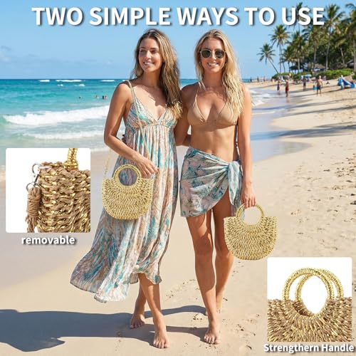 Image of Rattan Handmade Straw Tote Handbag Beach Shoulder Bag Summer Beach Rattan Bag Straw Bag