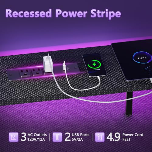 Image of Korfile 47 Inch Computer Gaming Desk with Power Outlets & LED Lights Reversible Home Office Desk with Adjustable 5 Fabric Storage Drawers for Working Writing Study, Carbon Fiber Black