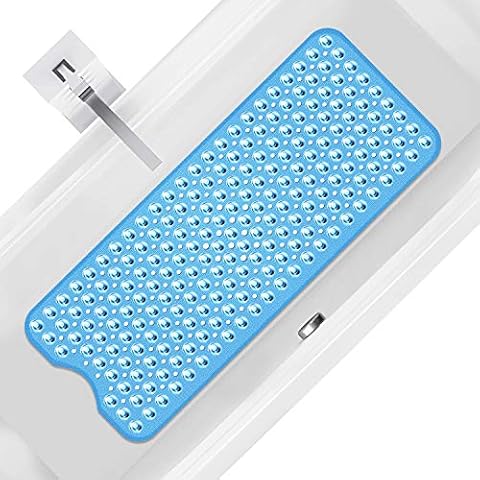 Yosemy Non-Slip Bath Mat, Anti-Bacterial Shower Mat Extra Long 100 * 40CM/16"*38" with Suction Cups, Machine Washable & Latex Free, Blue Cover