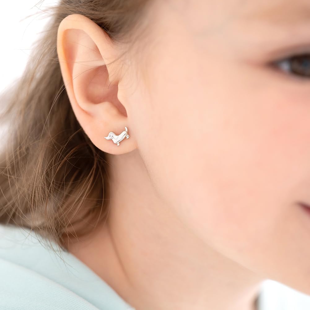 925 Sterling Silver Polished Dachshunds Safety Screw Back Earrings For Toddlers and Little Girls - Children's Dog Shaped Earrings - Animal Earrings For Young Girl