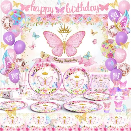 Fiesec Butterfly Birthday Decorations, Pink Purple Butterfly Party Supplies, 142PCs Flower Themed Party Decor Tableware Set with Backdrop Balloon Glitter Banner Tablecloth Plates Napkins Cups Straws