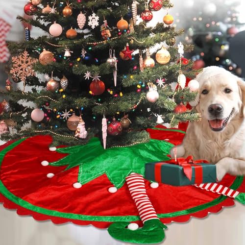 48-Inch-Elf-Tree-Skirt-with-Striped-Legs-and-Pom-Large-Red-and-Green-Tree-Skirt-for-6-ft-Tree-Quilted-Elf-Themed-Decorations-and-Ornaments-for-Xmas-Party-Christmas-Tree 48 Inch Elf Tree Skirt with Striped Legs and Pom Large Red and Green Tree Skirt for 6 ft Tree Quilted Elf Themed Decorations and Ornaments for Xmas Party Christmas Tree