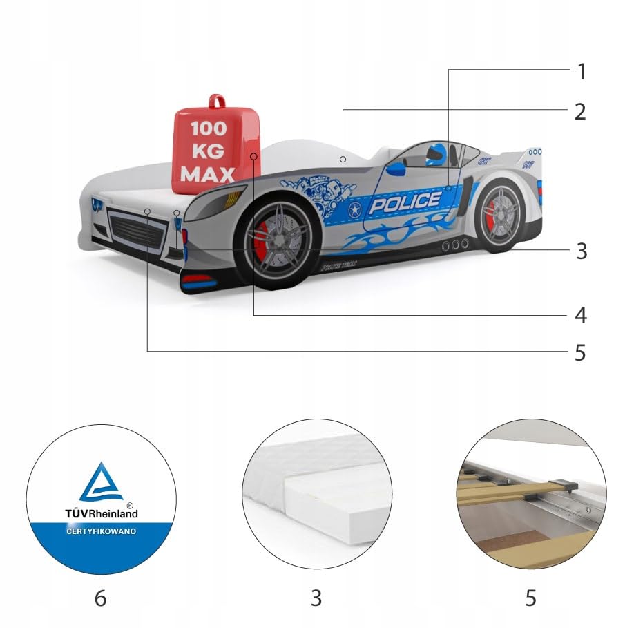 All4All Autobett - Cars - Bett - Kinderbett - 80x160cm - Rennwagenbett - Polizeiauto - Jugendbett - Spielbett (Autorennen, mit Matratze)