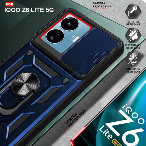 Image of AESTMO Tough Armor iQOO Z6 Lite 5G Bumper Back Case Cover | Ring Holder & Sliding Camera Shield Cover | 360 Degree Protection Back Case Cover for iQOO Z6 Lite 5G (Blue)