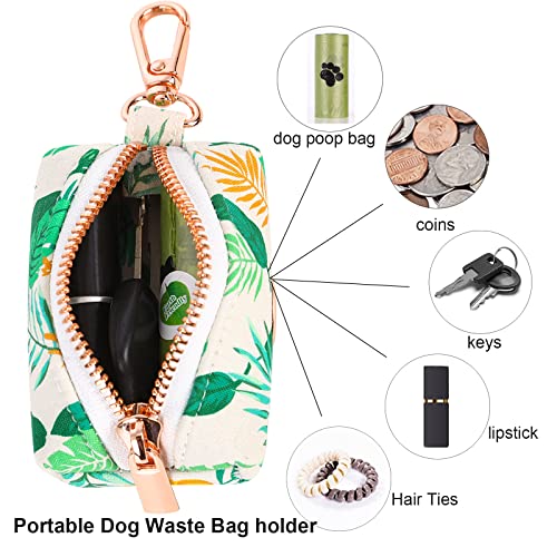 Image of ARING PET Dog Waste Bag Dispenser, Cotton Doggy Poop Bags Holders Attach to Any Leashes, Portable Washable Leaf Pattern Pet Waste Pouch Dispenser with Metal Zipper