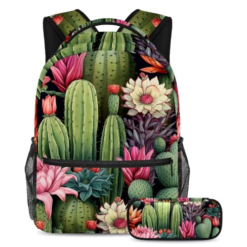Sac à dos et trousse cactus coloré lot de 2 cartables grand volume au design artistique