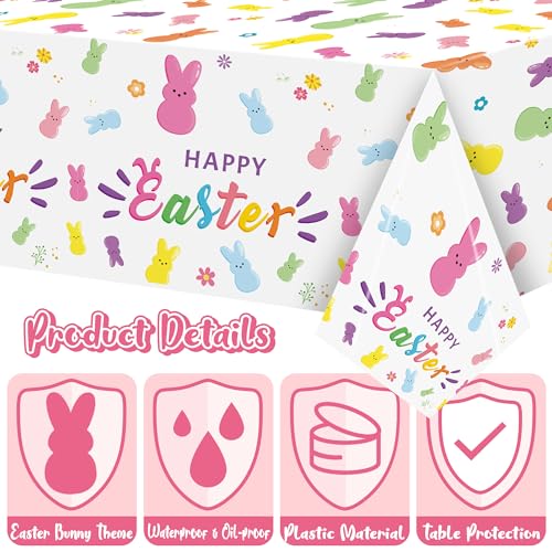 Image of Easter Bunny Peeps Tablecloth - 3 Pack Happy Easter Tablecover Decoration Set Colorful Rabbits Plastic Disposable Rectangle Waterproof Table Covers Hello Spring Party Picnic Dinner Decor