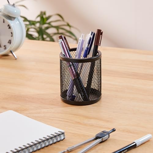 Image of amazon basics Metal Round Mesh Pen Stand & Pencil Holder | Table Desk Organizer for Home, Office | Black