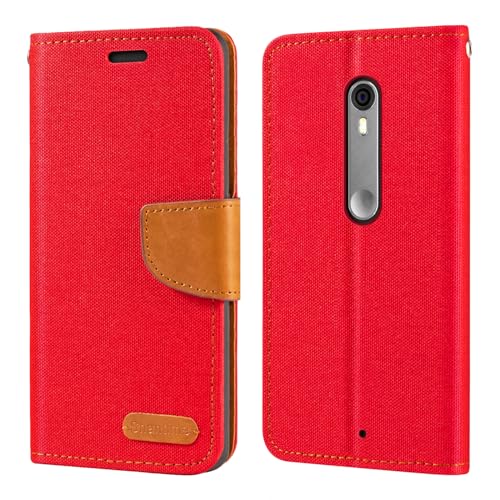 Shantime Oxford Fabric Leather Flip Wallet Case Compatible with Moto X Pure, Durable Protective Magnetic Cover with Card Slots and Kickstand(Red)