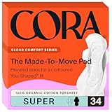Cora Super Pads with Wings, Made-to-Move, Organic Cotton Topsheet Ultra Thin Feminine Care Pads for Women, Soft, Comfortable & Breathable Menstrual Pad, Regular Absorbency, Unscented, 34 Count