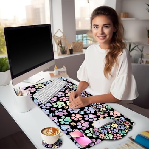 Image of LIMKRIAN Dog Paw Mouse Pad Set XXL Large Desk Mat Pad, Cute Office Decor | Ergonomic Mousepad Wrist Rest, Computer Keyboard Mat, Wrist Support, Coaster, Home Office Supplies Desk Decor Accessories
