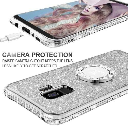 OCYCLONE Galaxy S9 Case, Glitter Bling Diamond Rhinestone Bumper Cute Galaxy S9 Phone Case for Girls with Ring Kickstand Sparkly Protective Samsung Galaxy S9 Case for Women - Silver