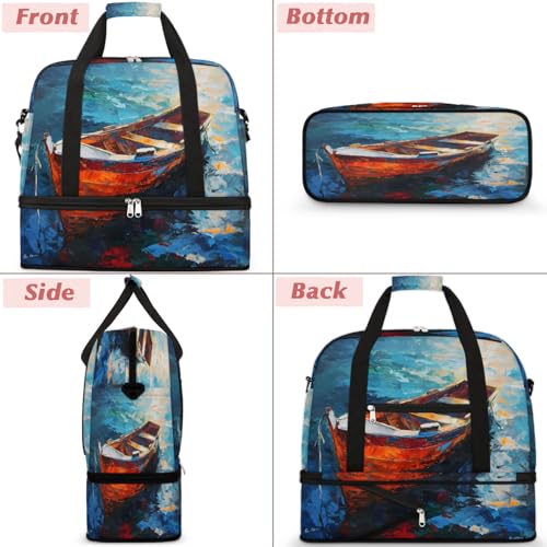 Travel Duffel Bags Oil Painting Boat Foldable Weekender Bags for Women with Shoes Compartment Waterproof & Tear Resistant Carry on Overnight Luggage Duffel Bag Shoulder Sports Tote Bag3