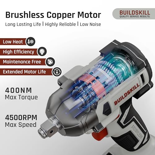 Image of BUILDSKILL 21V - 1 /2 inch 400NM BLDC Cordless Impact Wrench Set | 2 x 2.0Ah Battery | 10 Pcs Socket + 10 Pcs Screwdriver Bit | LED Light | 3400-4500 RPM | 2800-3200 Impact Rate | 2.0A Fast Charger