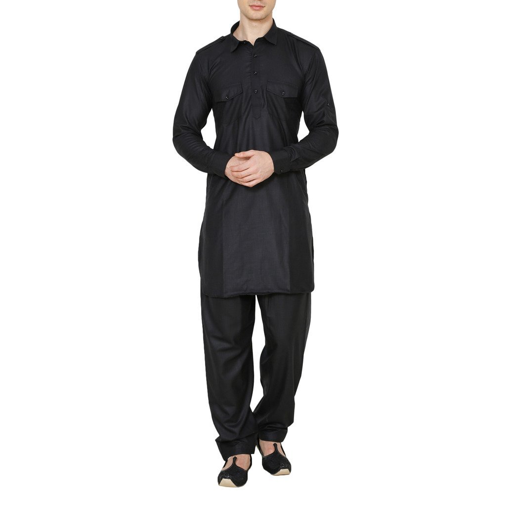 royal kurta Royal Black Cotton Blend Pathan Suit For Men-picture-29