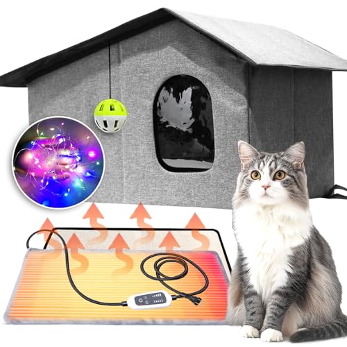 Heated Cat House for Outside-Waterproof & Windproof Outdoor Cat Shelter with Removable Heating Pad & LED Lights for All Seasons (Gray 12x24)