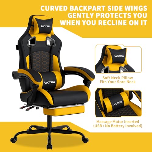Image of Gaming Chair with Massage,Ergonomic PC Gaming Chair with Footrest Comfortable Headrest and Lumbar Support,High Back Game Chair PVC Leather,300LBS (BlackYellow)