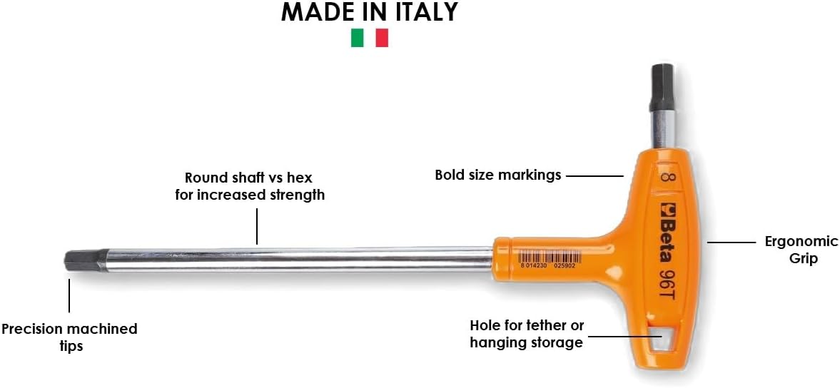 Beta 96T 5/16" SAE (Fractional Inch) T-Handle Hex Key Wrench | High Torque Ergonomic Allen Wrench with Dual Hex Tips | Drop Prevention Hole | Industrial Strength | Made in Italy