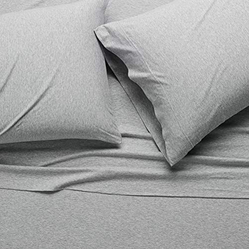 Image of Amazon Basics 4 Piece Bed Sheet Set, 100% Cotton Jersey, Includes Super Soft, Flat and Fitted Sheets, Pillowcase, Queen, Light Gray, Solid